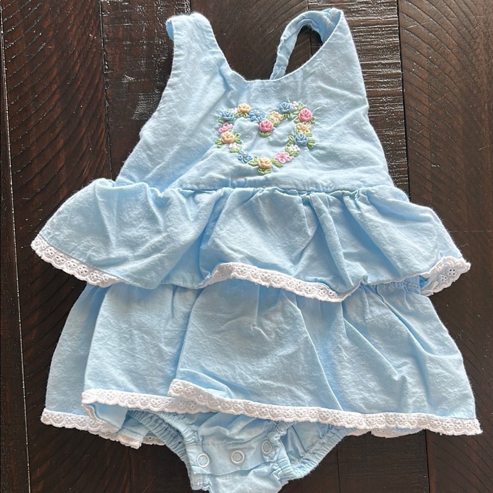 Blue Ruffled Baby Onesie with Floral Embroidery